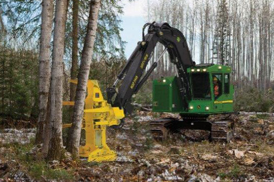 John Deere 753J Feller Buncher falling a tree